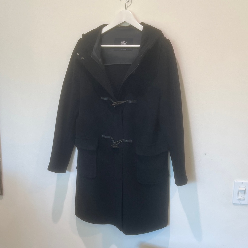 Burberry 100% Wool Duffle Black Hooded Toggle Coat Size 10 - EUC